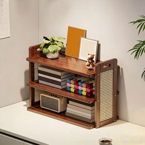 Retro Solid Wood <b>Desktop</b> Organizer Double Layer Storage Rack Multipurpose Portable Office Use - Product Image 2