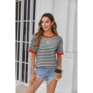 FOXA Womens Striped T Shirt Short Sleeve Crewneck Loose Fit Summer <b>Top</b> 100% Cotton Knitted Casual Wear - Product Image 5