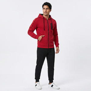 Ensemble de survêtement unisexe rouge à capuche avec fermeture éclair intégrale, pantalon de jogging noir, mélange coton-polyester, vêtements de sport décontractés et respirants - Product Image 1