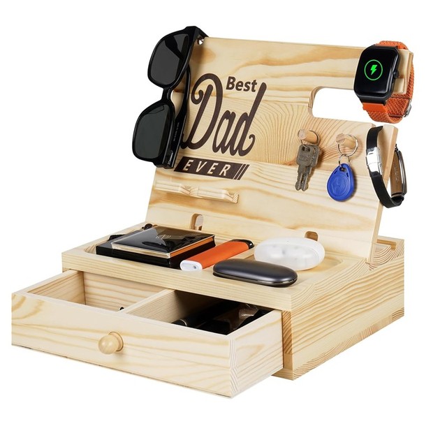 Gifts for Men Christmas Pine Wood Phone Docking Station Desk Accessories Workspace Organizer Gifts for Dad Nightstand Organizer