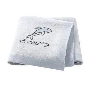 MIMIXIONG Custom Wholesale Baby Knitted Blankets for Newborns Dolphins pattern Cotton Keepsake Super Soft