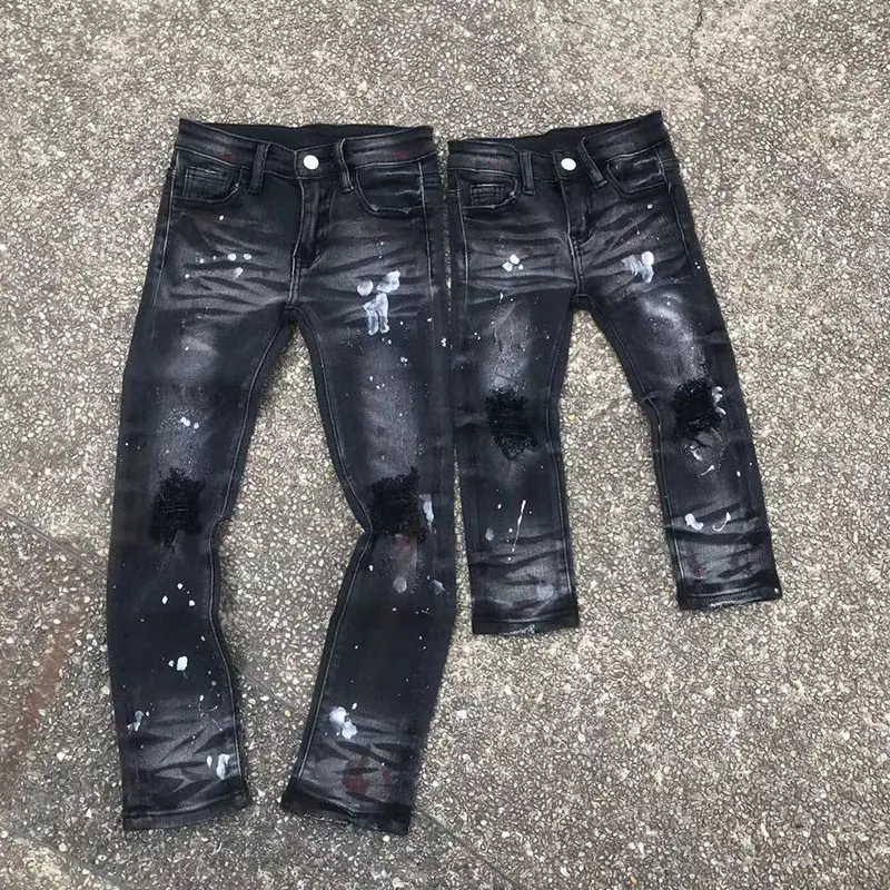 Pantaloni Jeans per lavaggio pesante con vernice per lavare la sabbia per bambini e ragazzi neri servizio scimmia luce diritta a metà supporto 2 pz