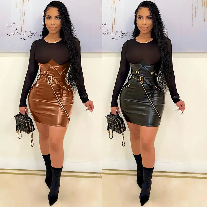 European and American Big Size Clothes Women 2023 New Long Sleeve Sexy Mesh Stitching Leather Dresses For Ladies