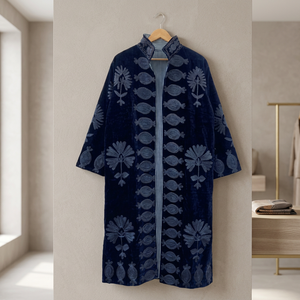 Kimono Elegante de Terciopelo Bordado con Flores para Mujer, Cuello Alto, Manga Larga, Ecológico, de Algodón Cálido - Product Image 1