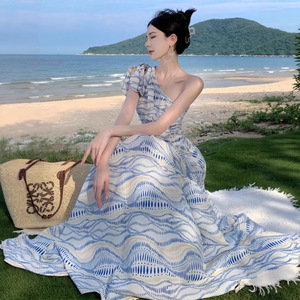 French Style One Shoulder Maxi Dress Asymmetric Breathable Beach Cover Up For Women Summer Travel Outfit - Product Image 2