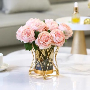 Bouquet de fleurs artificielles en soie, pivoines roses, ensemble de vase pour la décoration de table de salon - Product Image 3