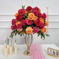 Bouquet de fleurs artificielles en soie réaliste rose vif fait main, centre de table 50 cm, arrangement floral décoratif