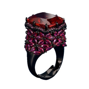 High Quality Jewelry Eco-friendly Copper 14*16mm Red Corundum Zircon Black Gold Plated Flower Open Adjustable Rings for Women - Product Image 1