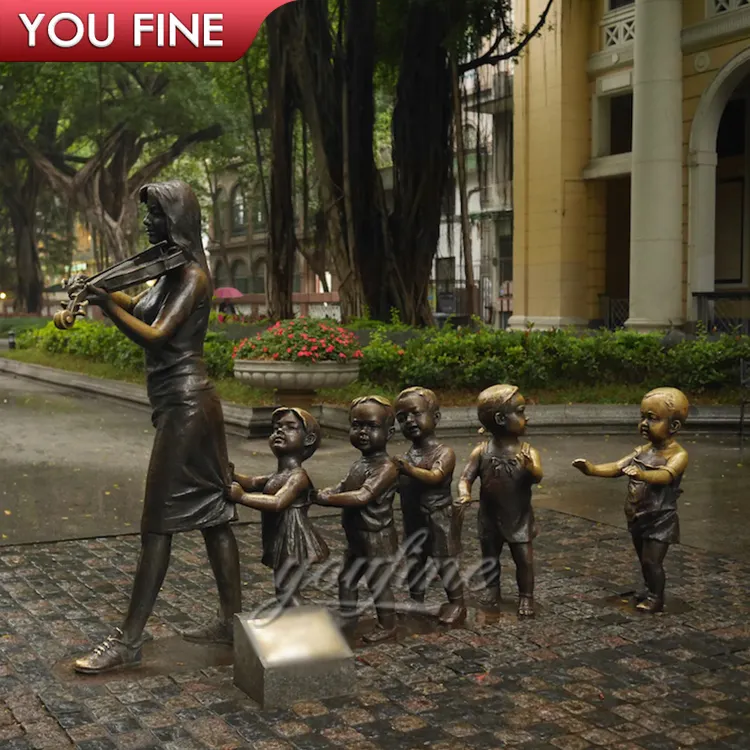 Garden Bronze Statues of Woman and Children Playing the Violin Sculpture
