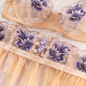 Conjuntos de ropa interior con bordado Floral para mujer, sujetadores y tangas de retazos de malla Sexy, conjunto de lencería, disfraz sexual erótico elegante 1505 - Product Image 3
