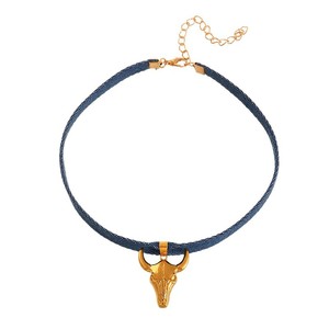 Kalung choker denim biru bergaya <span class=keywords><strong>vintage</strong></span> retro western Asu Cross-border dengan aksesoris kepala banteng koboi, topi, dan liontin emas untuk wanita. - Product Image 5