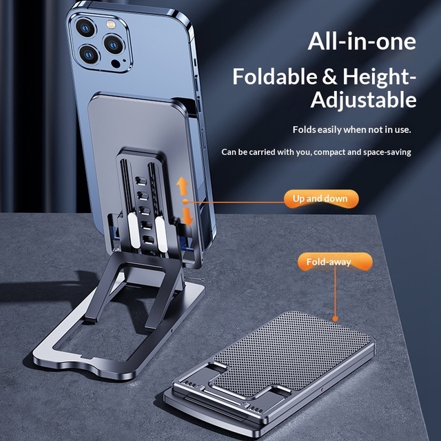 Foldable Aluminum Alloy Phone Stand with Height Adjustable Telescopic Design Angle Adjustment for Desk Use