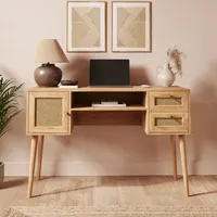 Bureau d'écriture en bois, style Mid-Century Modern, avec armoire de rangement et étagère ouverte, en chêne naturel, poste de travail pour ordinateur portable, durable