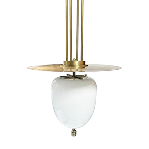Suspension en verre soufflé à la main XZ avec options d'abat-jour en verre transparent et opale, cadre vertical haut en laiton multi-brins et design à disques superposés - Product Image 1
