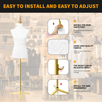 Manekin Torso Putih Ramah Pin dengan Stand Tripod Emas yang Dapat Disesuaikan untuk Display Pakaian di Toko Butik dan Penjahit