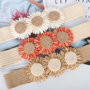 Nuevos Cinturones de Paja PP Bohemios de Diseño Personalizado para Mujer, Cinturón de <span class=keywords><strong>Rafia</strong></span> Hecho a Mano con Hebilla de Flor, Cinturón de Paja para Dama - Product Image 5