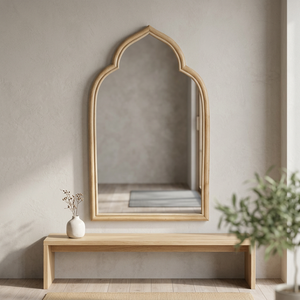 Standing <b>Mirror</b> Semi <b>Rectangle</b> with Dome Shaped Decor <b>Mirror</b> Rattan Cane Framed and Rattan Skin on Weaving Shorter Version - Product Image 3