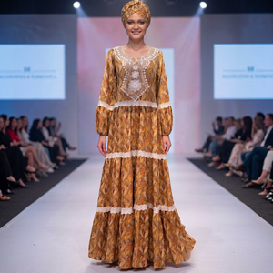 Vestido Maxi Africano de Lujo con Estampado Floral Dorado y Ribete de Encaje para Mujer, Manga Larga, Rayón Ecológico, Transpirable, Verano - Product Image 5