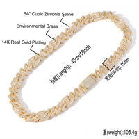Chaîne cubaine en laiton de 15 mm de large avec zircon pour homme, style Hiphop Rock, géométrique, pour fiançailles, anniversaire, fête, mariage