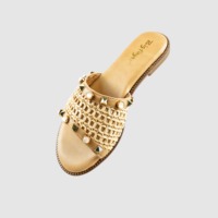 Sandales plates ouvertes en paille tressée pour femmes, avec clous et pierres, confortables, légères, antidérapantes, à enfiler