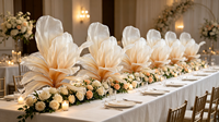 S-0054 Support de fleurs de luxe fait main pour mariage, décoration de centre de table principale, centre de table en organza couleur champagne, accessoires