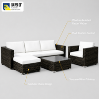 Ensemble de meubles de patio extérieur 5 pièces en rotin PE espresso, canapé 3 places, ottoman, fauteuil, table basse en verre