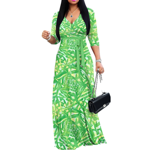 Robe d'été ample à col en V et manches longues, imprimé tribal polynésien vintage, taille naturelle, épaules dénudées, en polyester écologique - Product Image 1