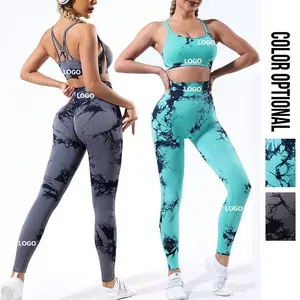 Customizable Logo Tie Dye 2 Piece Sets Breathable Elasticity Sports Gym High Waisted Leggings And Sports Bra Yoga Set For Women