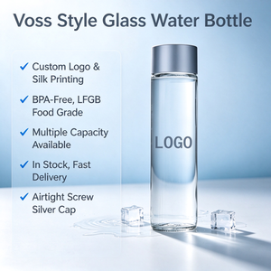 Bouteille d'eau en verre transparente réutilisable de 375 ml avec logo personnalisé Voss, avec couvercle à vis, pour l'approvisionnement des hôtels - Product Image 1