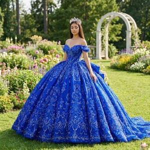 Lsmc143 Elegante Vestido de Quinceañera Azul Cobalto con Hombros Brillantes, Apliques de Encaje Barroco, Cola Capilla, Largo hasta el Suelo, para Fiesta - Product Image 1
