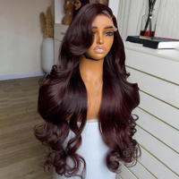 Perruque Lace Front Rouge Bourgogne Personnalisée en Cheveux Humains, Ondulée, Cheveux Vierges, Densité 300%, Frontale HD Transparente, Sans Colle