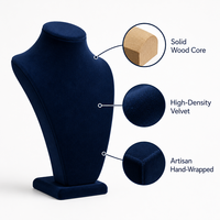 Présentoir à Colliers en Velours Bleu Marine JUNSEN, Buste en Bois Massif, Support à Bijoux, Service de Fabrication de Moules, Modèle JUNSEN-F1-04 pour Magasin