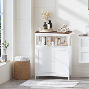 Armoire de rangement moderne à double porte, étagère réglable, dessus en bois naturel, armoire de salle de bain - Product Image 2