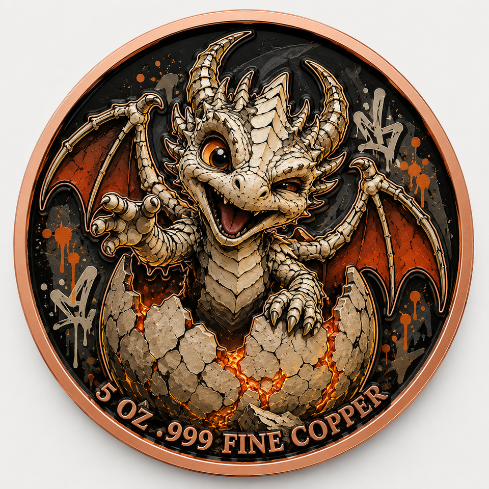 1 oz 999 Pure Copper Casting Cybernetic Baby Dragon Coin High Relief UV ...