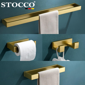 Ensemble d'accessoires de salle de bain en or brossé : <span class=keywords><strong>porte</strong></span>-serviettes, <span class=keywords><strong>porte</strong></span>-rouleau de papier toilette, crochets pour peignoirs, idéal pour les petites salles de bain - Product Image 2