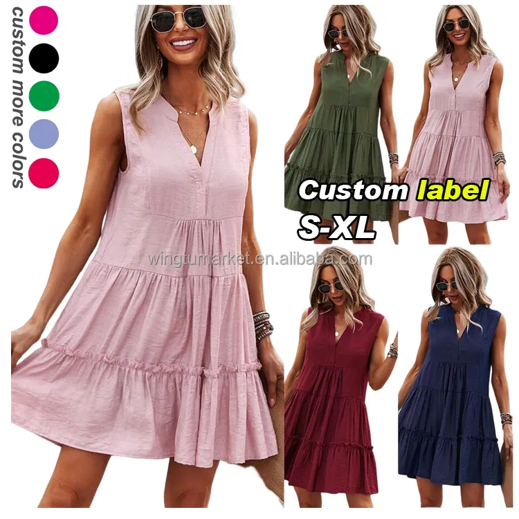 Wholesale solid color sleeveless dress elegant ruffle pink lady layered short summer v neck mini dresses