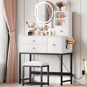 Compatto a buon mercato comodino angolo piccole ragazze Makeup Dressing per bambini Vanity tavolo scrivania con specchio rotondo illuminato e sgabello per camera da letto