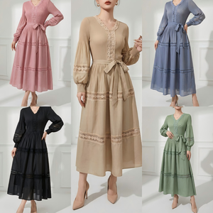 <span class=keywords><strong>Robe</strong></span> longue plissée élégante à manches longues, couleur unie, taille unique, avec dentelle, chic et modeste, collection Printemps-Été - Product Image 3