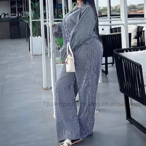 Women's Striped Button-<b>Down</b> Bell-Sleeve Long-Sleeve Shirt & Wide-Leg <b>Pants</b> African Casual 2-Piece Set Fashion - Product Image 3