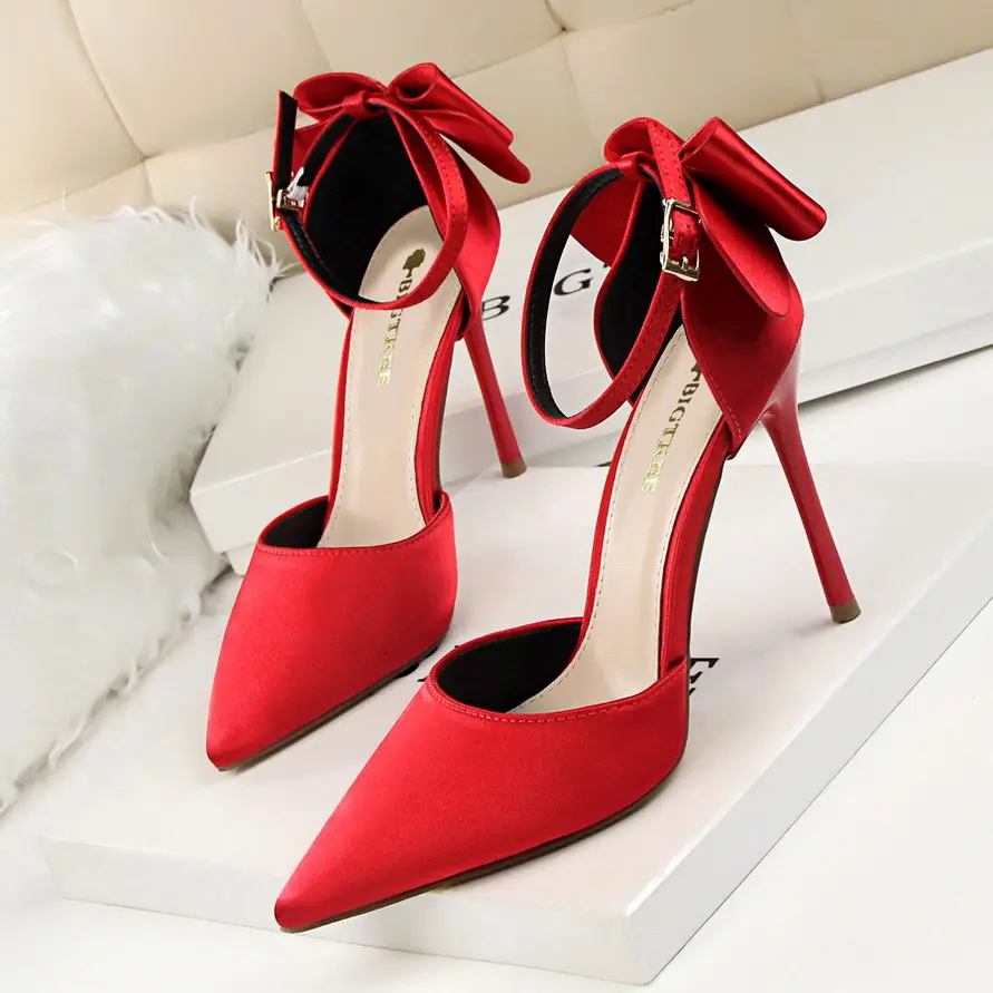 Korean sweet women's shoes with short heels satin hollow back bow one-line strap high heel shoes sandals for woman