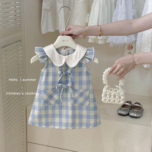 Child Star Circle Girls' Blue Plaid Sleeveless Dress Summer Breathable Princess Vest Dress - Product Image 2