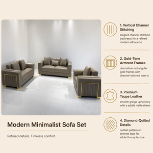 Juego de Sofás Modernos Contemporáneos de 3 Piezas en Cuero Sintético Color Taupe con Detalles Metálicos Dorados y Respaldo Acolchado para Sala de Estar - Product Image 2