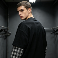 T-shirt décontracté pour homme à manches longues, motif à carreaux, couleur contrastée, style streetwear oversize, à porter en automne et au printemps