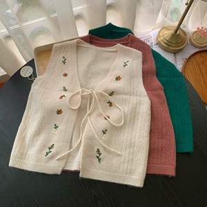 Gilet in <span class=keywords><strong>Maglia</strong></span> Ricamato Squisito per <span class=keywords><strong>Donna</strong></span>, Nuovo Gilet Corto in <span class=keywords><strong>Maglia</strong></span> con Scollo a V e Lacci Stile College - Product Image 2