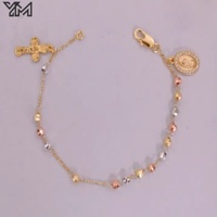 Pulsera Religiosa de Latón Inoxidable con Cuentas de Oro de 18K, Zirconia y Medalla de San Benito, Brazalete y Pulseras para Mujer
