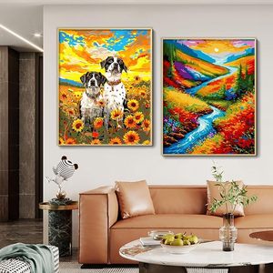 Kit <span class=keywords><strong>de</strong></span> <span class=keywords><strong>Pintura</strong></span> por Números para Adultos, Diseño Floral <span class=keywords><strong>de</strong></span> Cachorros, <span class=keywords><strong>Campo</strong></span> <span class=keywords><strong>de</strong></span> <span class=keywords><strong>Girasoles</strong></span> al Atardecer, Dos Perros con Manchas, <span class=keywords><strong>Pintura</strong></span> al Óleo sobre Lienzo DIY <span class=keywords><strong>de</strong></span> Songwoo - Product Image 4