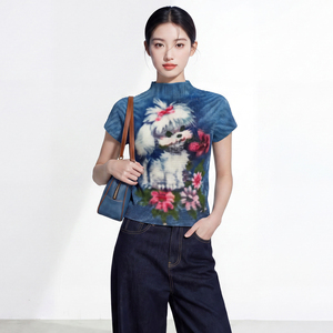 Haut tricoté vintage pour femme PY 2026 à col roulé et manches courtes, imprimé chien et floral, coupe ajustée, décontracté, pour le printemps et l'été - Product Image 4