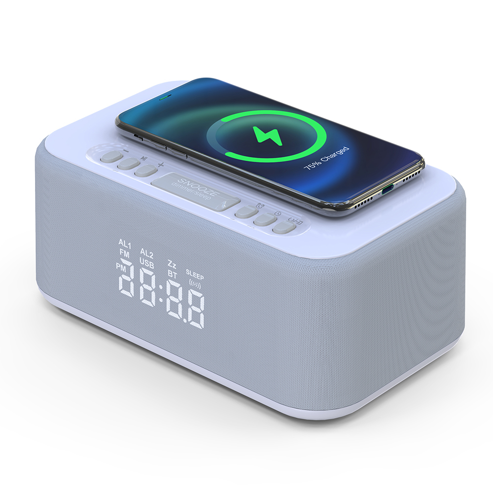 Multifunction Stereo Bass Bluetooth Speaker, Smart QI LED Digital Wireless Charger, FM Radio, Alarm Clock