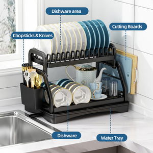 Scolapiatti a 2 livelli compatto con porta posate e vassoio raccogligocce rimovibile per cucina - Product Image 5