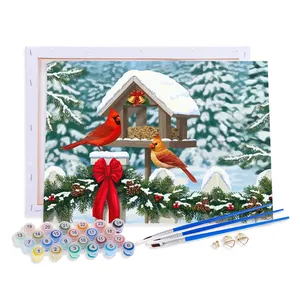 Aovia ภาพวาดสีน้ำมันแบบ DIY โดยตัวเลขนกกรอบพร้อมสำหรับฤดูหนาวภาพวาดผ้าใบวาดด้วยตัวเลขคริสต์มาสสำหรับเป็นของขวัญเด็ก